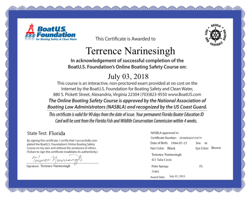 Terrence Narinesingh Boat U.S. Foundation Boating Safety Course
