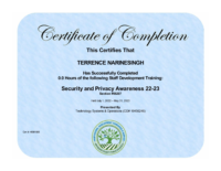 Certificate of Completion of Security and Privacy Awareness – Dr Terrence Narinesingh