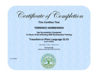 Certificate of Completion of Transition to Plain Language – Dr Terrence Narinesingh