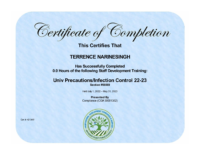 Certificate of Completion of Universal Precautions Infection Control – Dr Terrence Narinesingh