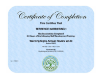 Certificate of Completion of Warning Signs Annual Review – Dr Terrence Narinesingh